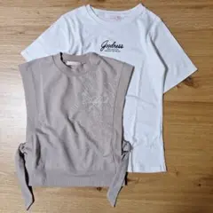しまむら バースデー 140 Tシャツ ベスト セット ロゴ 白 ベージュ