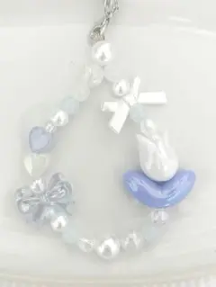 ホワイトブルー〰︎︎ビーズストラップ 現品のみ 約14cm B378