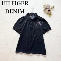 【ヒルフィガーデニム】ポロシャツ（M）半袖 英字ロゴ カジュアル メンズ 黒