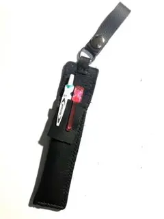 シュリンク革　ハンドメイド　本革　ペンケース、筆箱　ストラップ付　2本用　黒