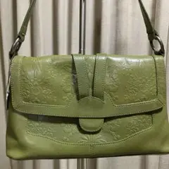 Laura Ashlay 花柄 牛本革ショルダーバッグ オリーブグリーン 美品