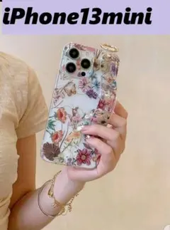 iPhone13mini★お花総柄　クリア　ハンドストラップベルト　リング