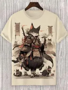 【新品 S】両面プリント Tシャツ 和風サムライ キャット 和柄 武士 ゆったり