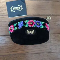 FEILER 花柄刺繍 ポーチ 黒