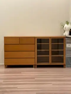 【廃盤】無印良品 オーク材 木製チェスト＋木製キャビネット 脚付き 2点セット