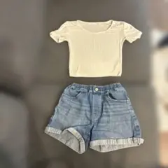 ホワイトトップとデニムショートパンツセット　130