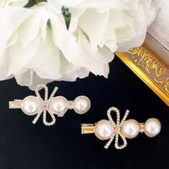 リボンパールヘアクリップ✦︎ヘアピン✦︎韓国✦︎キラキラ✦︎量産型✦︎ゆめかわ✦︎二点セット