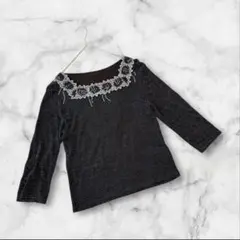 七分袖ニット　カットソー　ストレッチ　M〜L ブラック