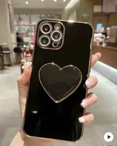 iPhone16ProMAXケース　 ブラック　ハート　ゴールド　グリップ　韓国