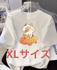 【XLサイズ】たい焼き頬張り猫　ネコ　たい焼きTシャツ ホワイト