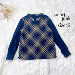 スマートピンク カットソー 長袖 スキッパートップス チェック柄【42】紺色
