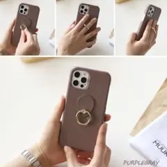 【新品】iPhone13mini用ケース(天然牛革、リング付き、パープルグレー)