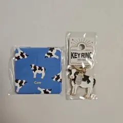 牛デザイン キーリング ミルク瓶付き + 牛ミラーセット