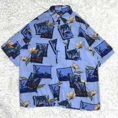 puritan アロハシャツ　レーヨン　柄シャツ　ふわさら　ヤシの木　ギター