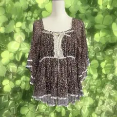 森ガール フェアリーグランジ 花柄レース フリルポンチョ ブラウン