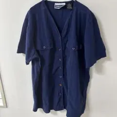 90s usa ビンテージ コットン ノーカラー ネイビー 半袖シャツ 古着