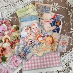 レトロベビー　三連ポケットセット　コラージュ素材　ダイカット　ジャンクジャーナル