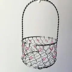 ワイヤーバスケット ピンク ビーズ付き シルバー バスケット かご