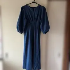 ダークブルー デニム ワンピース Vネック バルーンスリーブ