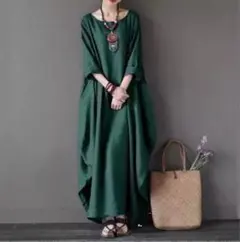 L ロングワンピース リネン　シャツ　コクーン　バルーン　エスニック a1