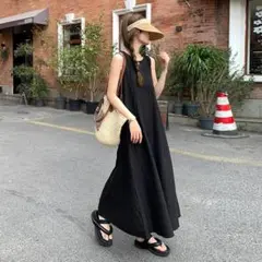 ロングワンピース M 体型カバー ワンピース ブラック ノースリーブ ゆったり