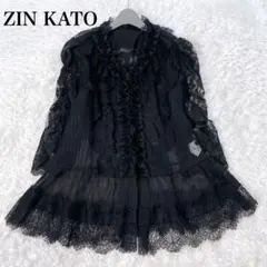 美品✨️ジンカトウ 総レース　花柄 フリル カーディガン ラメ 黒 Lサイズ
