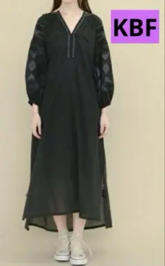 KBF 刺繍エスニックワンピース　黒　ケービーエフ　ギャザーパフ