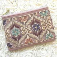 インド刺繍リボン　ポーチ　14cmファスナー　ピンク　フェイクレザー