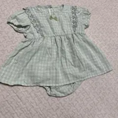 ミントグリーン　チェック　ロンパース　ワンピース　70cm