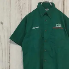 【USA古着 HPI DIRECT 半袖 ワークシャツ 】企業ロゴ刺繍 M 緑