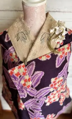 3930◆アンティーク長襦袢時代物濃紫に菜の花アールヌーボー大正浪漫粋モダン