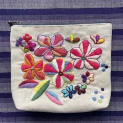 手刺繍ポーチ/カラフル/花刺繍