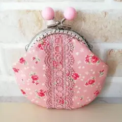 ハンドメイド♡がま口ポーチ　ピンクのレース付き♡薔薇