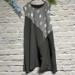【超美品】オシャレディ パッチワーク チュニック グレー 水玉 ノースリーブ