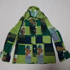70s ポリシャツ ヴィンテージ 花柄 ひまわり 昭和 レトロ サイケ