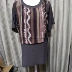 wavegal 小杉産業・焦げ茶Tシャツ前身頃に面白い縦縞柄ベスト付きカットソー