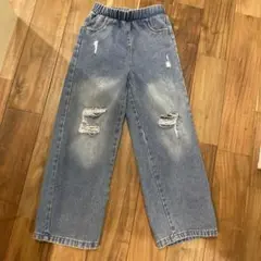 【キッズ大きめ】ライトブルーダメージワイドパンツ 8歳用