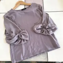 お値下げ！美品　カットソー　ピンク系グレージュ　シースルー　リボン　７部袖