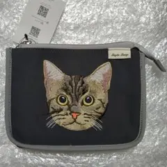 ねこ柄刺繍 新品未使用 ポーチ グレー系統