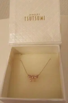 美品★ジュエリーツツミ★K10PG刻印入 ダイヤモンド リボンネックレス