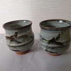 青緑色の唐津焼夫婦 湯飲み 2個セット