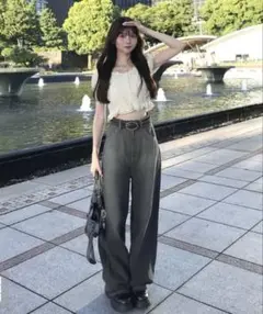 GRL ブリーチ加工デニムパンツqu34 XS ジーンズ ワイドパンツ