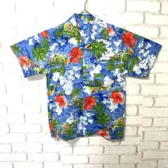 【美品】 メンズ　半袖　シャツ　アロハ　ハワイアン　ブルー　ハイビスカス　M