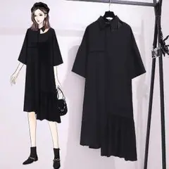 大きいサイズ レディース 春夏 ワンピース アシメ ブラック