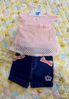ピンクメッシュタンクトップとデニムショートパンツ4点セット 80