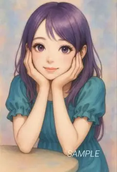 美少女イラスト 紫の瞳と髪 頬杖で微笑む秘密の会話No.23