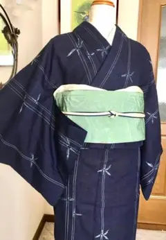単衣 藍染め正絹紬 秋の風情 とんぼ柄 ふっくら柔らか