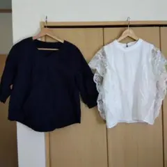 ネイビー 刺繍入り 五分袖シャツ レース　ホワイト