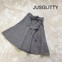 美品JUSGLITTY レーヨン混 千鳥格子柄リボンフリル フレアスカート