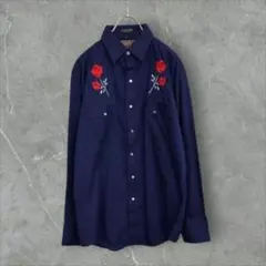 【k7870】希少USA古着90sヤングブルッズ薔薇バラ刺繍長袖ウエスタンシャツ